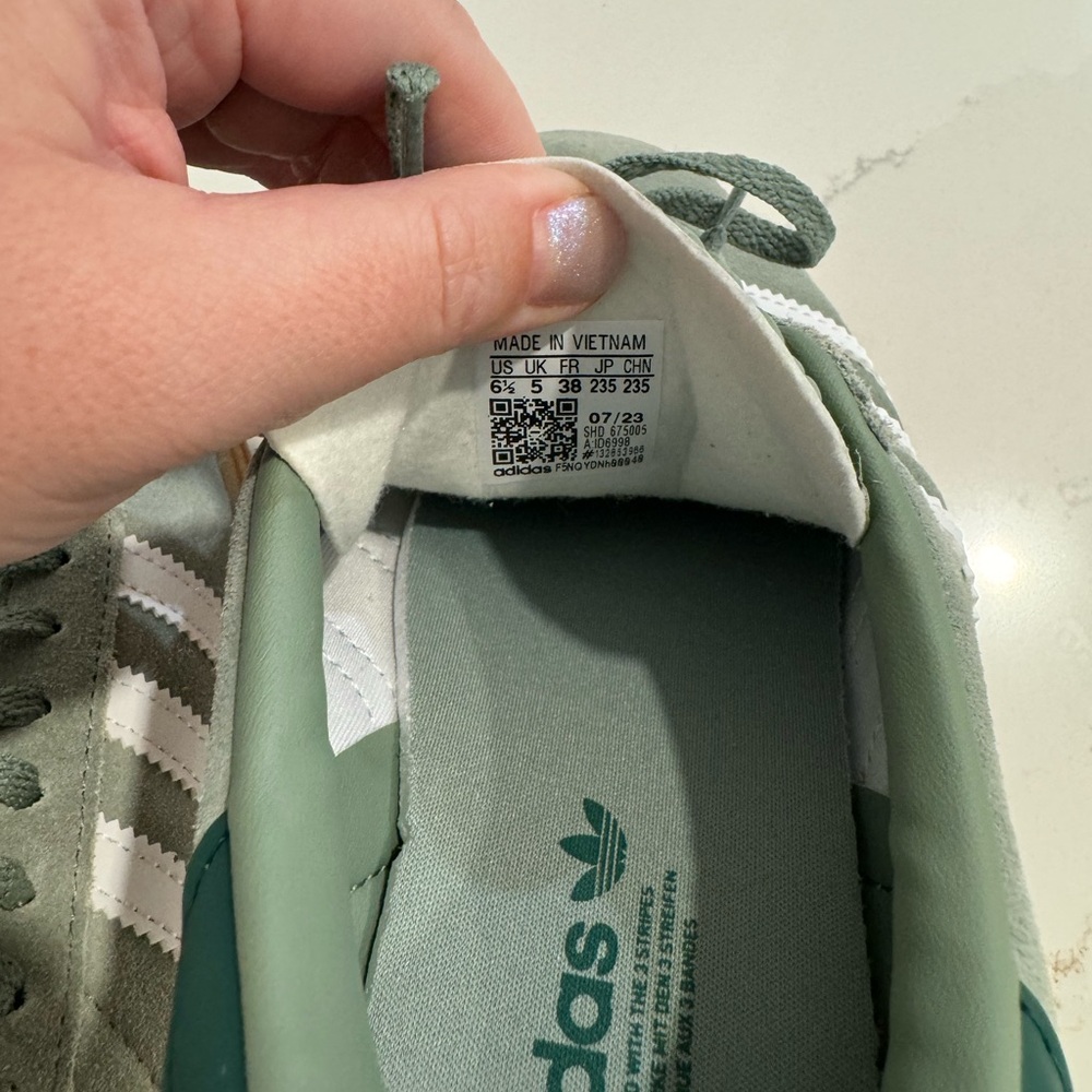 adidas Gazelle Sage Green with White Stripes and Gum Sole - Picture 6 of 6